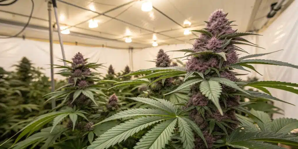 Infographic showing Purple Urkle Weed Strain grow info with terpenes, effects, aroma, genetics, and yield traits.