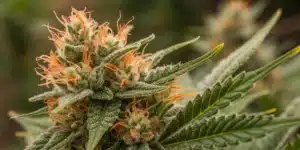 Frosty Sunset Sherbet Weed Strain bud with bright orange pistils and dark green leaves thriving in an outdoor grow