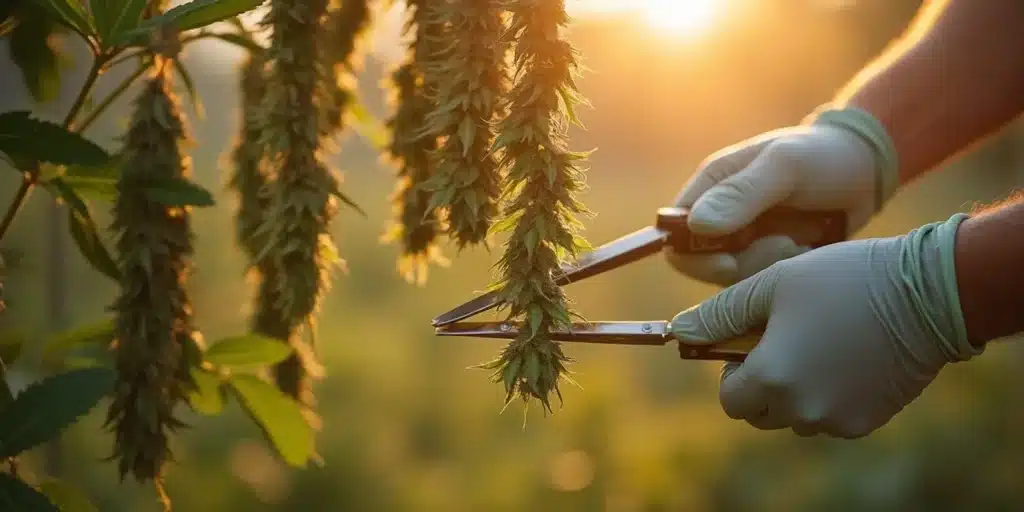 Trimming autoflowering cannabis plants during the outdoor harvest season.