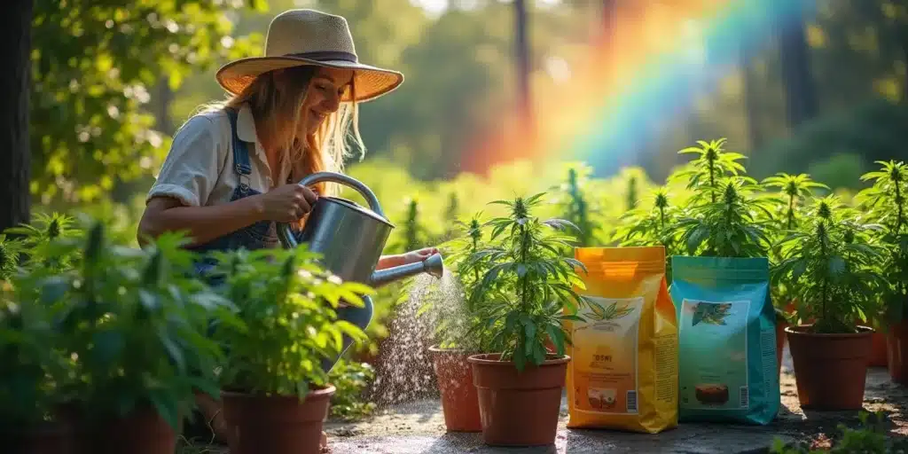 Woman watering autoflowering cannabis plants with organic fertilizers in an outdoor garden.