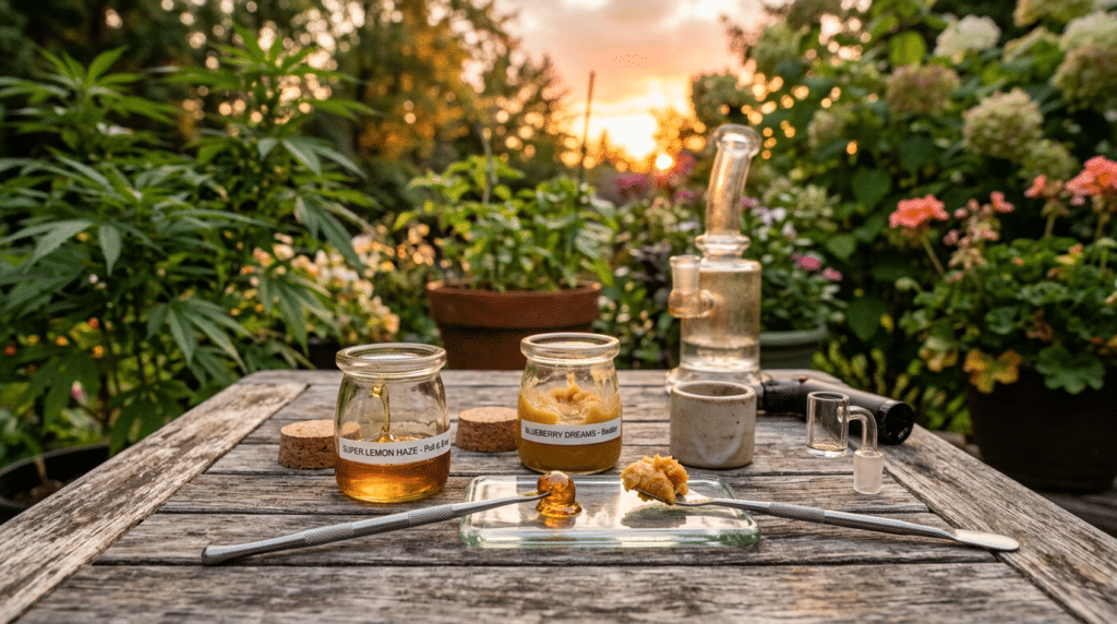Cannabis concentrates dab rig garden sunset scene with jars of extract, dab tools, and a glass rig on a rustic table.