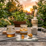 Cannabis concentrates dab rig garden sunset scene with jars of extract, dab tools, and a glass rig on a rustic table.