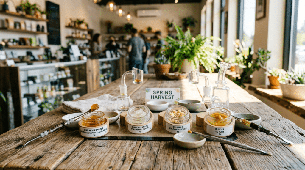 Cannabis concentrates display dispensary table with jars of live resin, crumble, budder, dab tools, and glass rigs.