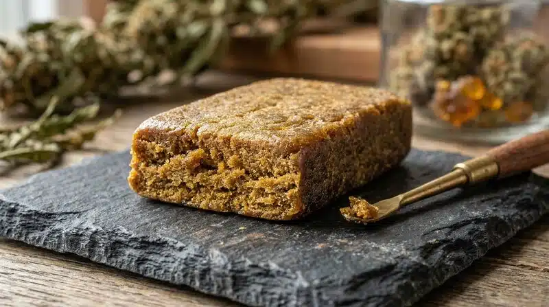 Pressed cannabis hash block on plate with dab tool and cannabis jars in background.