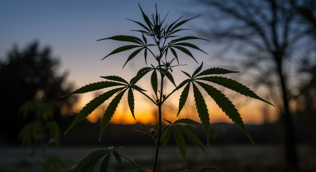 Cannabis plant at sunset outdoor with serrated leaves silhouetted against a colorful evening sky.