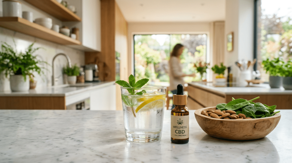 CBD oil wellness drink kitchen scene with lemon water, mint, almonds, and greens on a bright countertop.