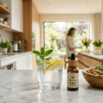 CBD oil wellness drink kitchen scene with lemon water, mint, almonds, and greens on a bright countertop.