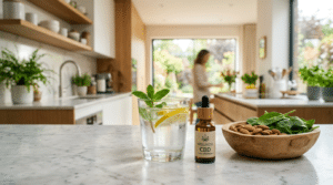 CBD oil wellness drink kitchen scene with lemon water, mint, almonds, and greens on a bright countertop.