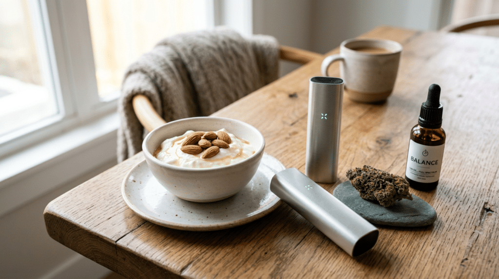 CBD wellness routine vaporizer and yogurt on a wooden table with almonds, CBD oil, and a cannabis bud.