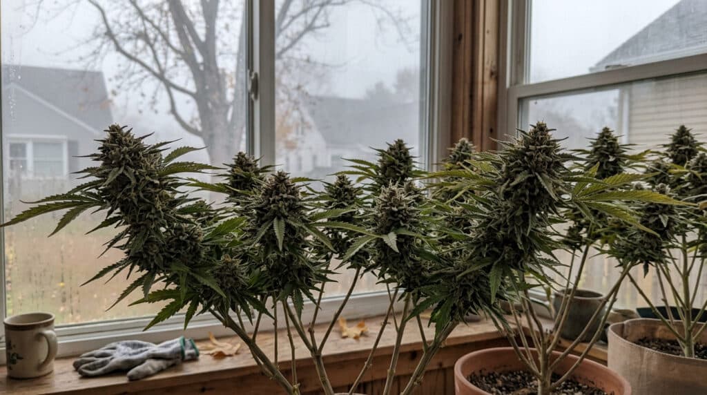 Flowering cannabis plants by window close up with mature buds growing in pots inside a bright room.