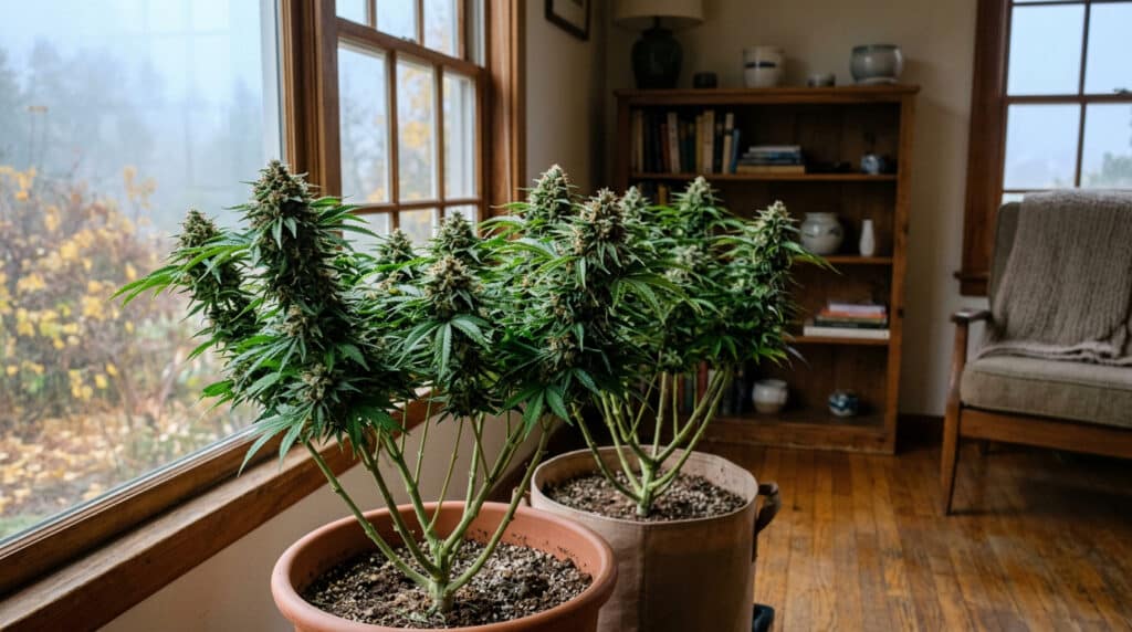 Indoor potted cannabis plants flowering room scene with mature colas beside large windows in a home setting.