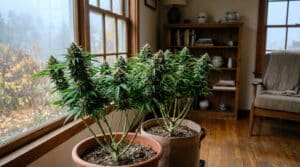 Indoor potted cannabis plants flowering room scene with mature colas beside large windows in a home setting.