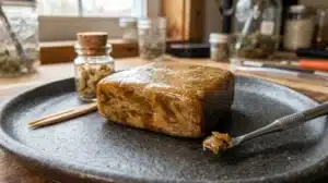 Cannabis hash block close-up on slate board with dab tool and cannabis buds in background.