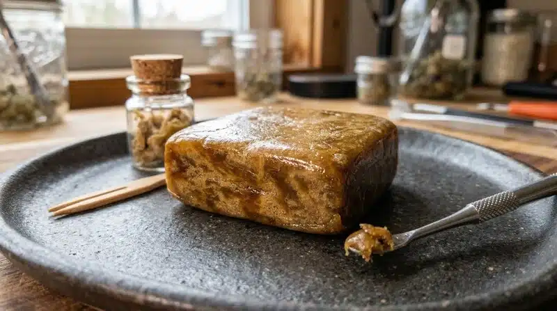 Cannabis hash block close-up on slate board with dab tool and cannabis buds in background.