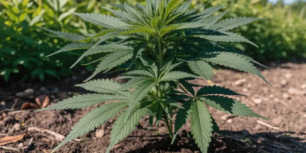 Young Outdoor Cannabis Plant Growing in Natural Soil