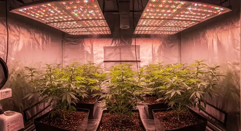 Indoor cannabis grow room using the SOG method with blue and red spectrum lights.