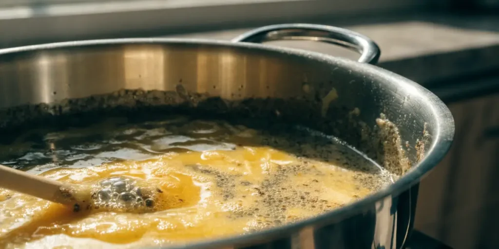Cannabis-Infused Butter Simmering in a Stainless Steel Pot