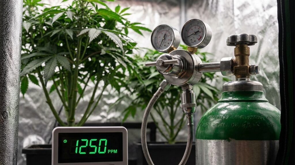 Co2-enrichment-cannabis-grow-room-ppm-monitor displaying 1250 PPM with regulator and gas tank inside an indoor cannabis cultivation setup.