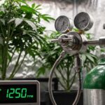Co2-enrichment-cannabis-grow-room-ppm-monitor displaying 1250 PPM with regulator and gas tank inside an indoor cannabis cultivation setup.