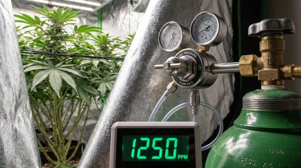Indoor-cannabis-co2-system-growth-optimization showing CO₂ regulator, gauges, and PPM display supporting controlled plant growth.