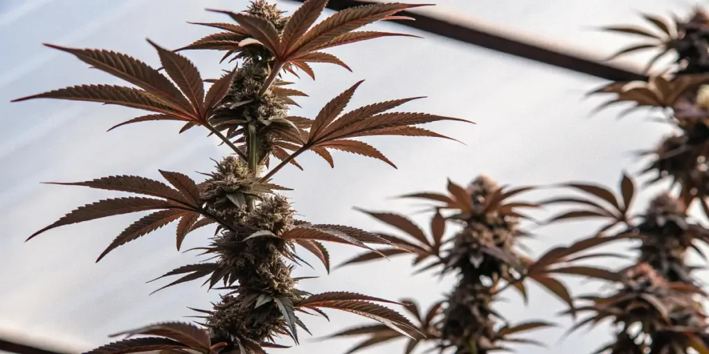 Cannabis plant with striking red leaves and mature buds growing indoors under natural light in a greenhouse