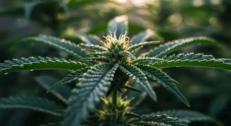 California Orange x Skunk bud with vibrant green leaves.