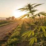 Cannabis plant growing on a dirt path with a sunset backdrop in a field.