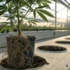 Close-up of a cannabis plant in a ceramic pot, showing roots exposed in the soil.