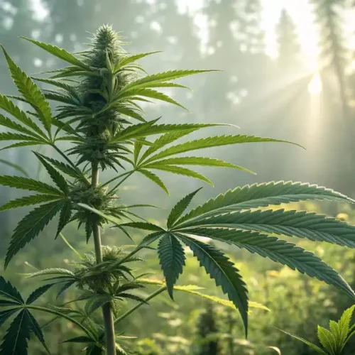 Cannabis plant growing in a forest with sunlight filtering through the trees, creating a serene natural atmosphere.