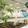Person watering a cannabis plant inside a greenhouse, with several small plants in the background.