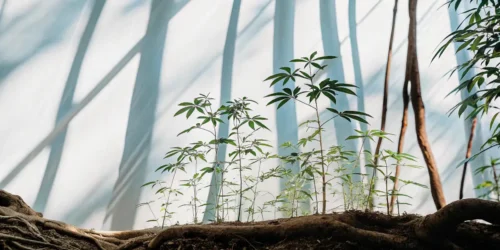 Young cannabis seedlings with soft shadows, growing under bright light.