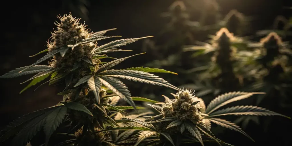 Cannabis buds illuminated by warm light with leaves surrounding them in a dark environment.