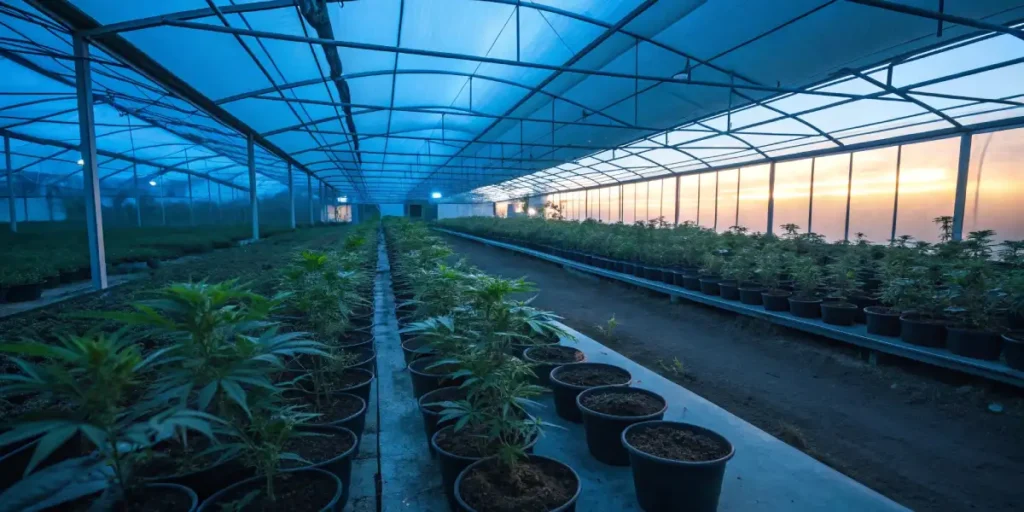 Rows of cannabis clones in pots growing under a blue-lit greenhouse at sunset.