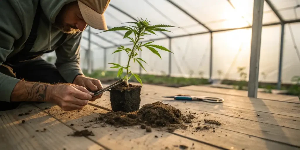 Cannabis cutting with roots growing in clear water jar under natural light.