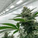 Cannabis plant with a dense bud in a controlled indoor grow room with white lighting.