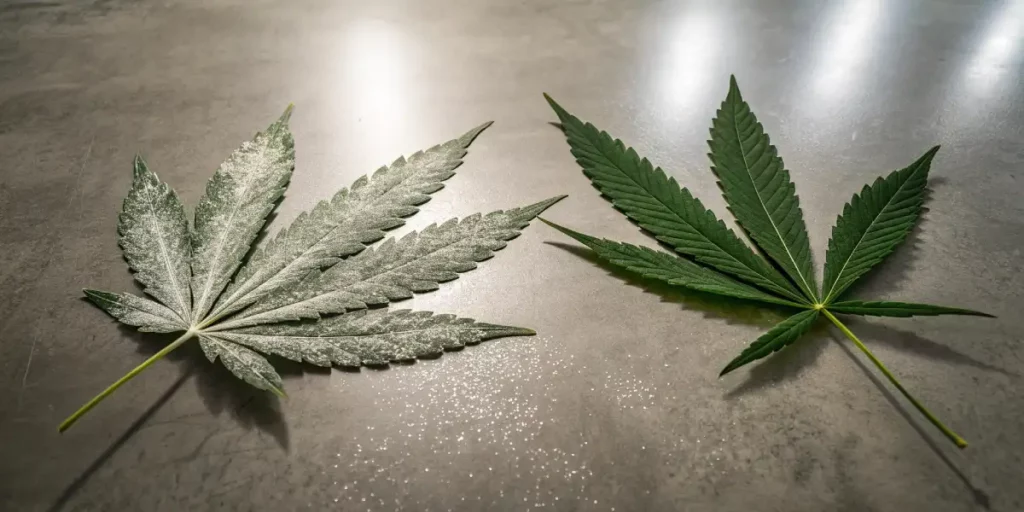 Two cannabis leaves side by side, one healthy and one affected by powdery mildew.