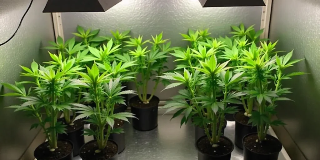 Young Acid Diesel plants thriving indoors under LED setup.
