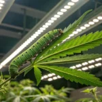 Green caterpillar crawling on cannabis plant under greenhouse lights.