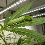 Green hornworm feeding on a cannabis leaf in an indoor environment.