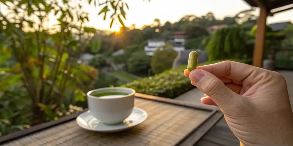 Hand holding a quercetin capsule with a cup of green tea and scenic background.