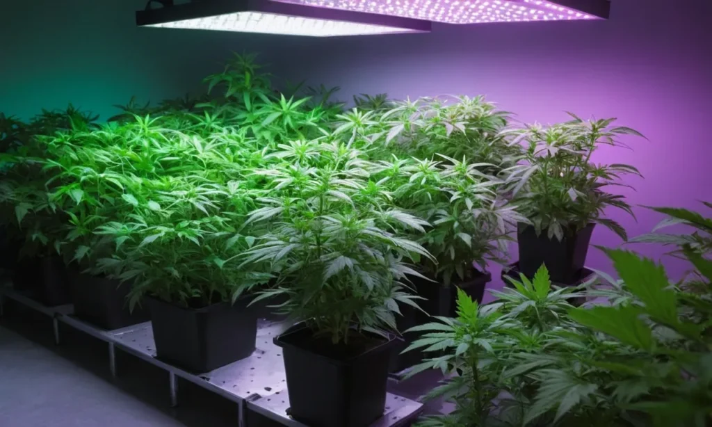 Indoor grow of Cinderella 99 x Kali Mist under purple LED lights, producing dense, aromatic buds with vigor.