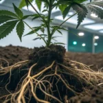 Macro shot showing cannabis roots intertwined with soil, highlighting their structure and texture.