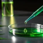 Macro shot of a pipette dropping green liquid into a petri dish with cannabis leaves in a laboratory.