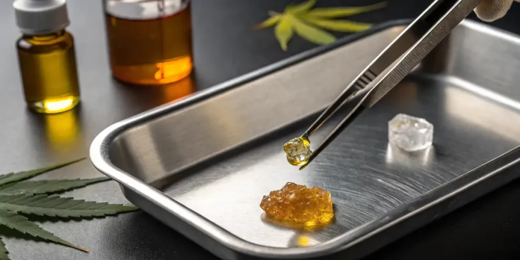 Tweezers holding a THCA crystal next to a bottle of THC oil in a laboratory