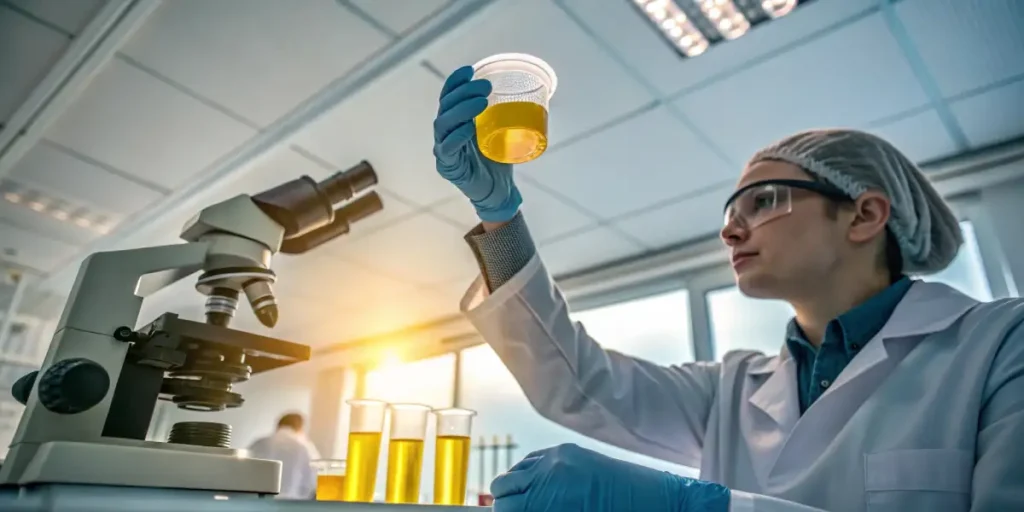 Scientist in a lab coat holding a urine sample in a clear container under a microscope.