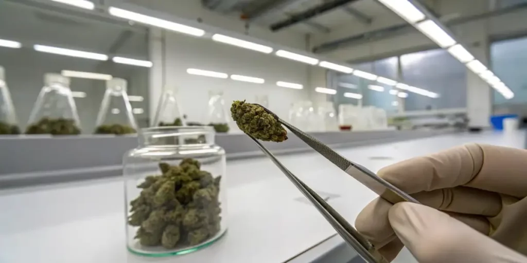 A single cannabis seed held between a pair of tweezers, with a focused close-up.