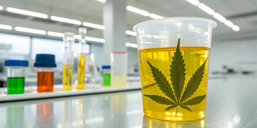Urine sample in a clear container placed on a lab table next to other laboratory equipment.
