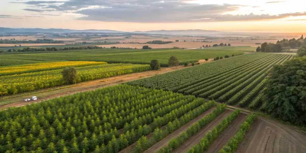 Aerial view of a large, organized cannabis plantation surrounded by farmland.