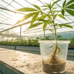 Cannabis clone in plastic cup with roots visible under soft greenhouse light.