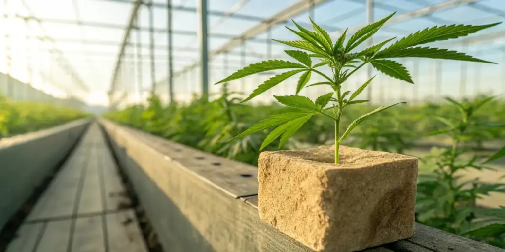 Cannabis clone in a glass of water with visible roots in a sunlit indoor space.